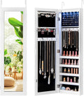 Giantex Wall or Door Mounted Jewelry Cabinet with Full Length Mirror, Over The Door Jewelry Armoire Organizer with Lights, Large Storage with Necklace Hooks, Earring Slots & Shelves (White)