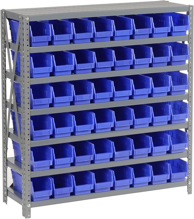 Global Industrial 7 Shelf Steel Shelving with (48) 4" H Plastic Shelf Bins, Blue, 36" W x 12" D x 39" H, Single-Sided Open Shelving with 48 Plastic Shelf Bins