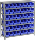 Global Industrial 7 Shelf Steel Shelving with (48) 4" H Plastic Shelf Bins, Blue, 36" W x 12" D x 39" H, Single-Sided Open Shelving with 48 Plastic Shelf Bins