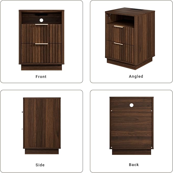 Fluted Night Stand with Charging Station, 18" Mid-Century Modern Nightstand, 2 Drawers End Table with Storage, Bedside Table for Bedroom Sofa Home Office, Curved Profile Design (Walnut)