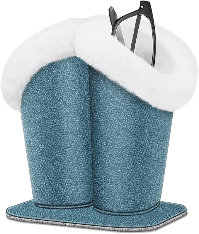 Fintie Plush Lined Double Eyeglasses Holder with Magnetic Base, Glasses Stand Case Organizer for Desk, Nightstand, Office, Ocean Blue