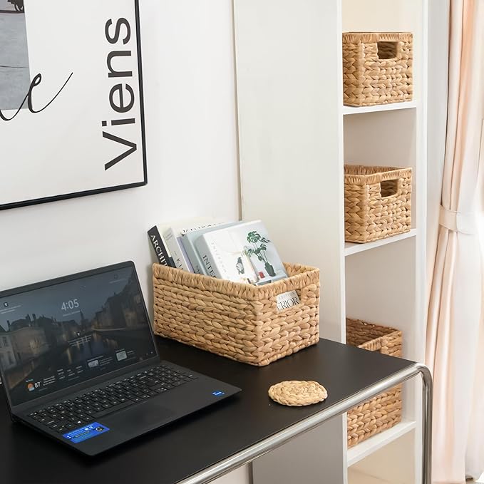 KOKODO Pack 3 Medium Wicker Storage Baskets with Chalkboard, Stylish and Durable Water Hyacinth Rectangle Handwoven Basket Bin with Metal Frame & Handle for Room Organizing