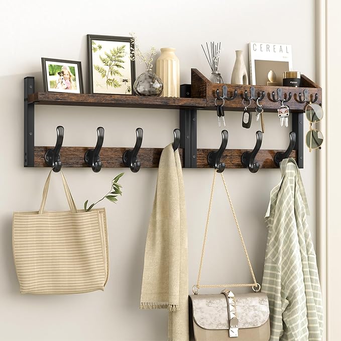 Evermagin 29" Coat Rack Wall Mount with Shelf, 4 in 1 Coat and Key Hanger with 11 Metal Hooks, Entryway Wall Mounted Shelf with Mail Holder for Living Room, Bedroom, Rustic Brown