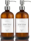 Vine Creations Amber Glass Soap Dispenser, 2 Pack Kitchen Soap Dispenser Set with Stainless Steel Pump, 16 oz Hand Soap or Dish Soap for Bathroom or Kitchen with Waterproof Labels
