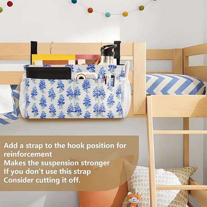 Watercolor Bluebonnets Bedside Caddy for Dorm Bed Bedside Hanging Caddy Bag Iron Frame Storage Organizer Pocket for Bunk Home College Hospital Beds 2 Hooks