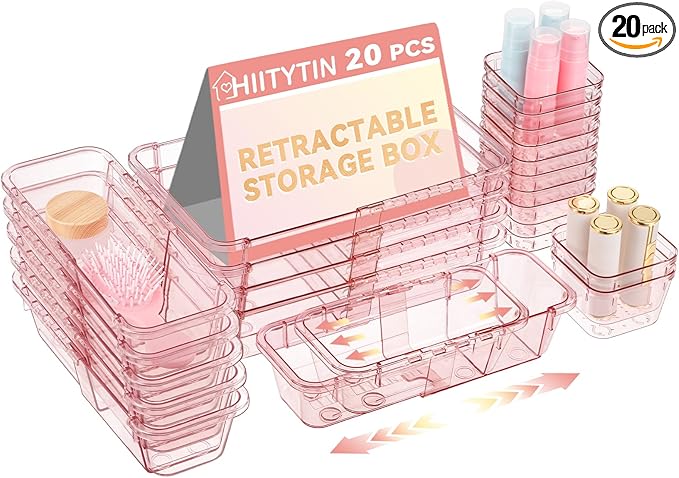 20 Pcs Adjustable Clear Drawer Organizer, Extendable Vanity Storage Bins, Desk Drawer Organizer Set for Makeup, Cosmetics, Bedroom, and Gadgets, Pink