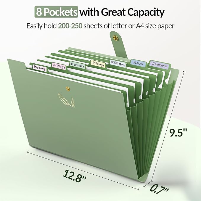 Sooez File Folders Organizer, Folders with 8 Pockets, Folders for Documents w/Sticker, Accordion File Organizer, Paper Receipt Bill Filing Organizer, School College Office Travel Essentials Supplies