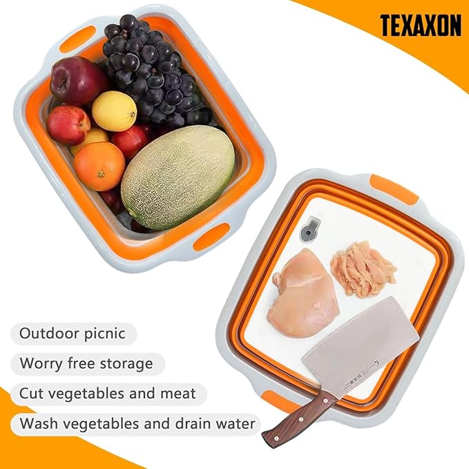 8L/16L BBQ Prep Tub with Cutting Board, Lid & Complimentary Mitts/Gloves – Collapsible Bucket for BBQ, Marinade, Picnic, Camping, Meat Prep – Orange/Black (Orange, Large)