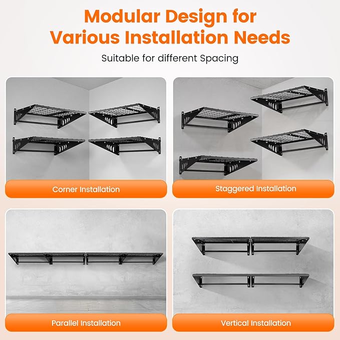 Garage Shelving 2x2ft 4-Pack, Garage Storage Rack 24"x24" Metal Shelves Black Wall Mounted with rods & 4 Hooks, Heavy Duty Wall Shelving Floating Shelves, 880lbs Total load Capacity