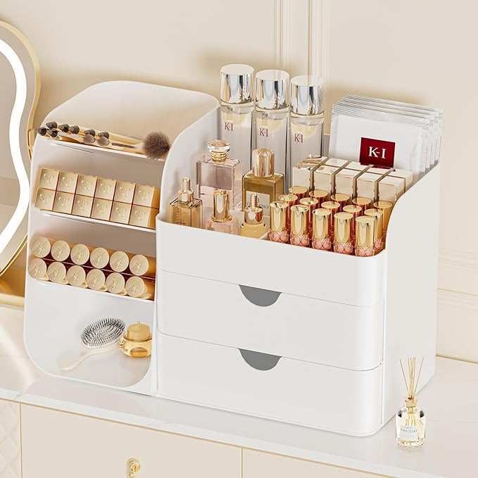 Makeup Organizer with Brush Holder for Vanity,Countertop Makeup Organizer with Drawers,Spacious Cosmetic Display Case,Perfect Storage Solution for Your Beauty Essential (Green, Large)