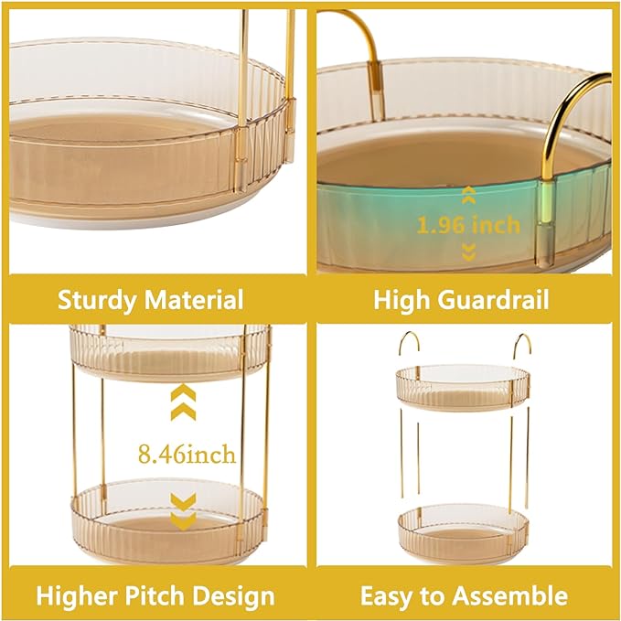360 Rotating Gold Makeup Organizer,2 Tier Large Capacity Rotating Makeup Organizer,SkincarePerfume Organizer,Bathroom Cosmetics Storage Organizer Countertop (Gold-2 Tier)