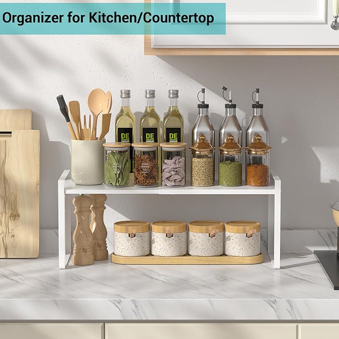 Expandable Cabinet Organizer Shelves, 88lbs High Weight Capacity, Heavy-Duty Metal Storage Rack, Adjustable Cabinet Shelf for Kitchen, Pantry, Cupboard, Under Sink, White, Patent Pending