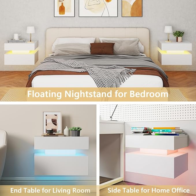 Floating Nightstand Set of 2, Wall Mounted Night Stand with Led Lights, Modern Bedside Tables with Drawers for Bedroom, Easy Assembly