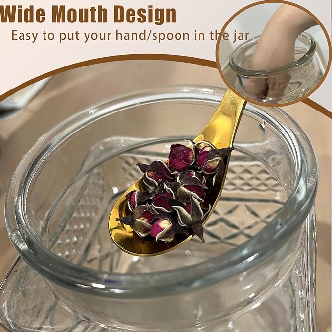 Viovian Decorative Glass Jar with Lid and Spoon 38 OZ Square Thick Glass Storage Jars Airtight Lids Clear Vintage Canister Container for Food Candy Cookie Sugar Coffee Tea Nuts Snack Dog Treat