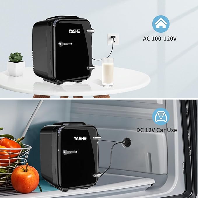 Mini Fridge, 4 Liter/6 Cans Small Refrigerator for Skincare, 110V AC/ 12V DC Thermoelectric Cooler and Warmer for Bedroom, Office, Dorm, Car, Black