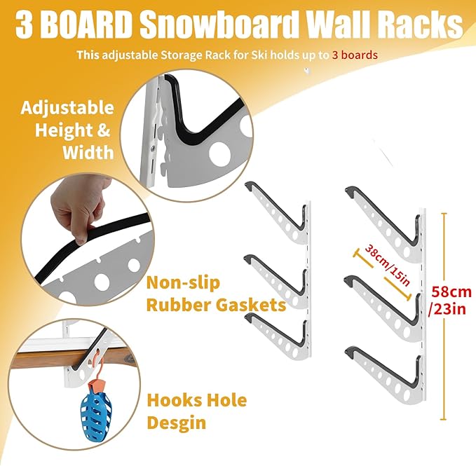 Snowboard Wall Racks, Adjustable Storage Rack for Ski, Surfboard, Wakeboard, Snowboard Wall Mount Display, White/Black