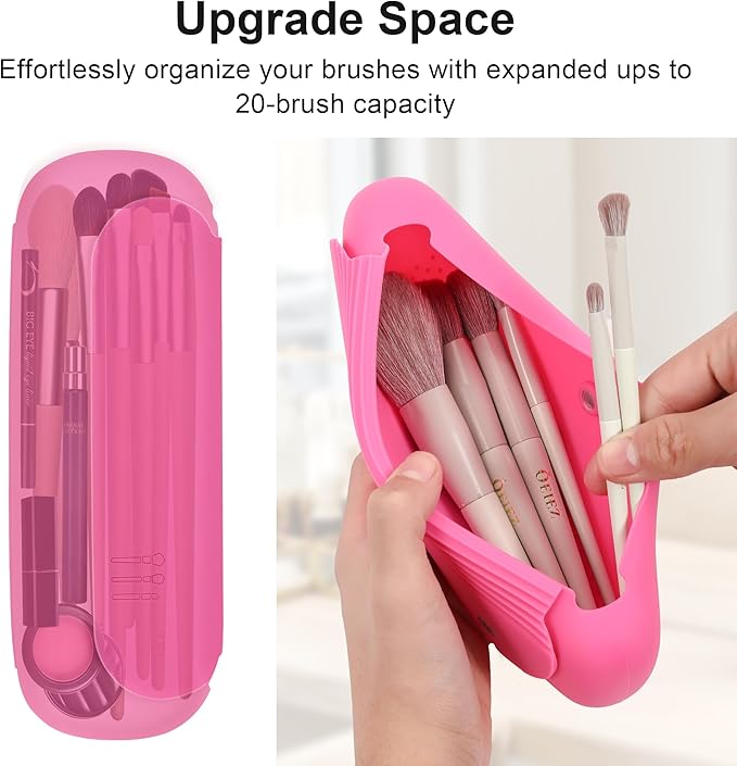 Silicone Travel Makeup Brush Holder for Women with Magnetic Closure and Built-in Brush Cleaner, Washable Cosmetic Organizer, Gift-Ready Pouch, Rose Red