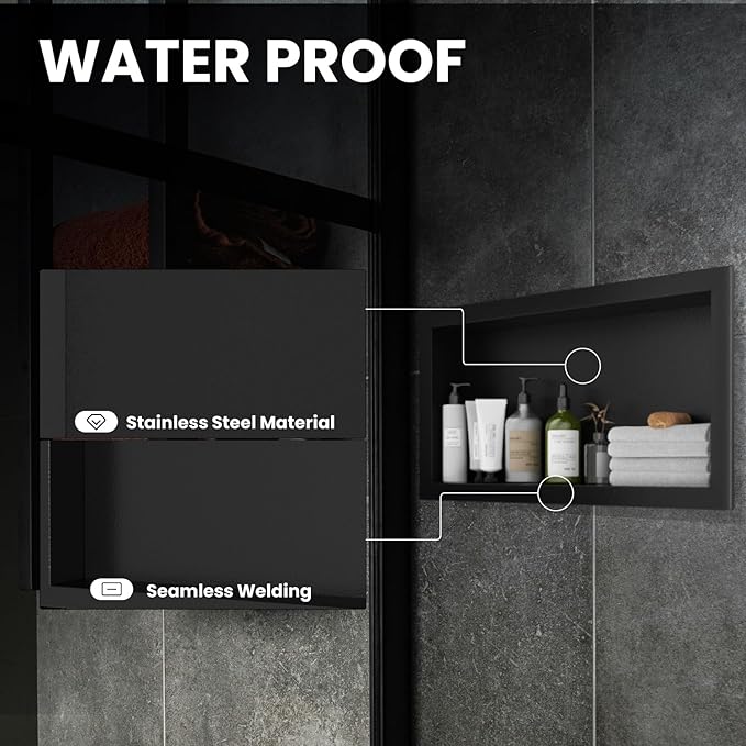 12" x 24" Stainless Steel Shower Niche, Single Waterproof Shelves, No-Tile Needed Bathroom Organizer, Rustproof Wall Shelf for Shampoo, Soap & Toiletries, Black