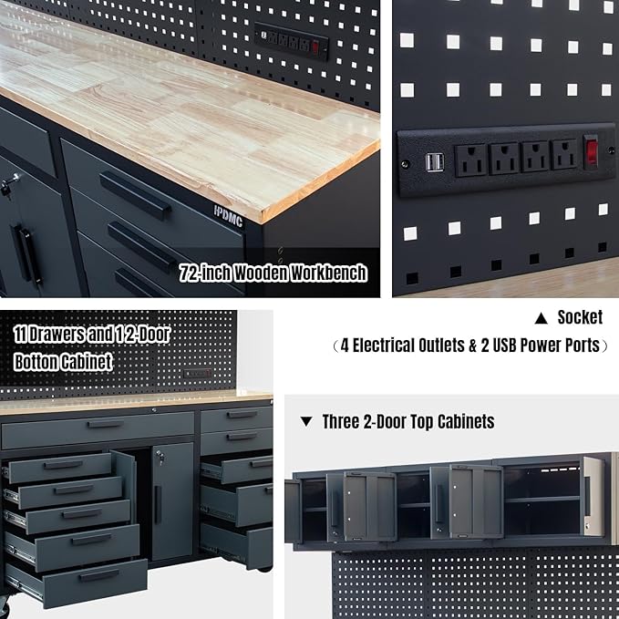72in Rolling Tool Chest Cabinet Mobile Garage Workbench Heavy-Duty Tool Cabinet on Wheels with 11 Drawers, 2-Door Cabinet, 3 Top Cabinet, Pegboard & Power Strip for Tool Organization