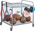 MyGift Large Capacity Metal Rolling Multi Sports Ball Cage Storage Hopper, Gym Equipment Basket Cart with Lockable Latch, Heavy Duty Caster Wheels, and 8 Accessory Hooks