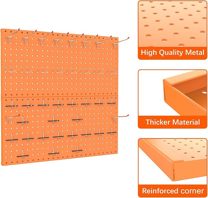 TORACK Metal Pegboard Wall Organizer 24" x 24" or 12" x 48", 70 PCS Tools Storage Pegboard for Garage, Modular Pegboard, Tool Organizer Board with Peg Board Hooks(Orange)