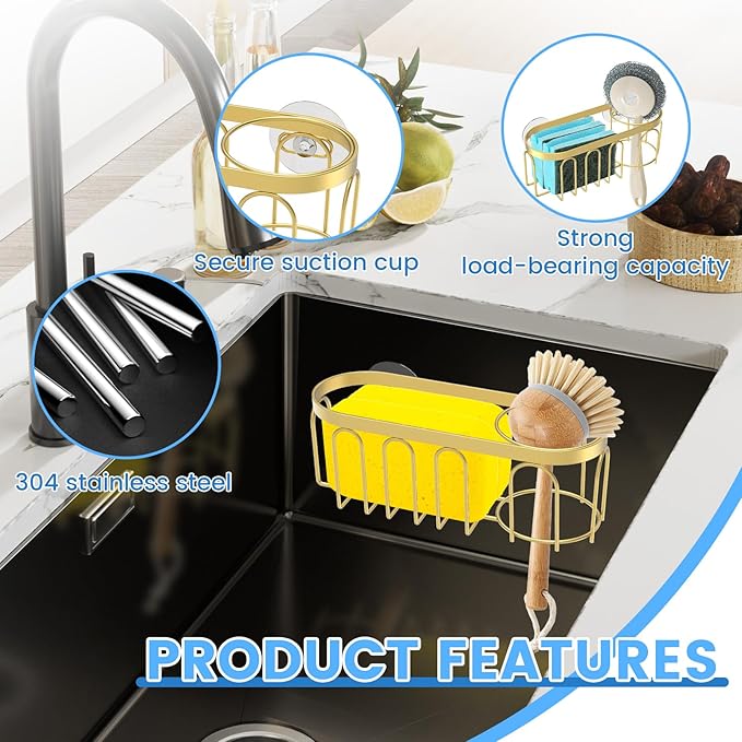 4 Pcs Sponge Holder Stainless Steel Kitchen Sink Caddy with Strong Suction Cups No Drill Practical Dish Sponge Holder for Home Kitchen Sink Bathroom