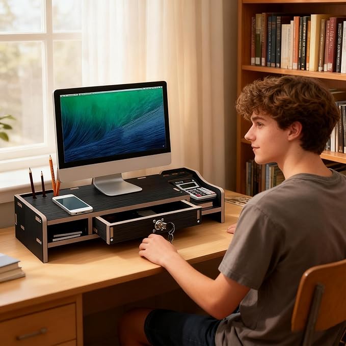 Monitor Stand Riser - Desktop Organizer with Practical Drawer, Wood Riser for Laptop Printer PC, Multi-Functional Shelf with Sturdy Build, Desk Accessory for Home Dorm Apartment, 19.21 Inch