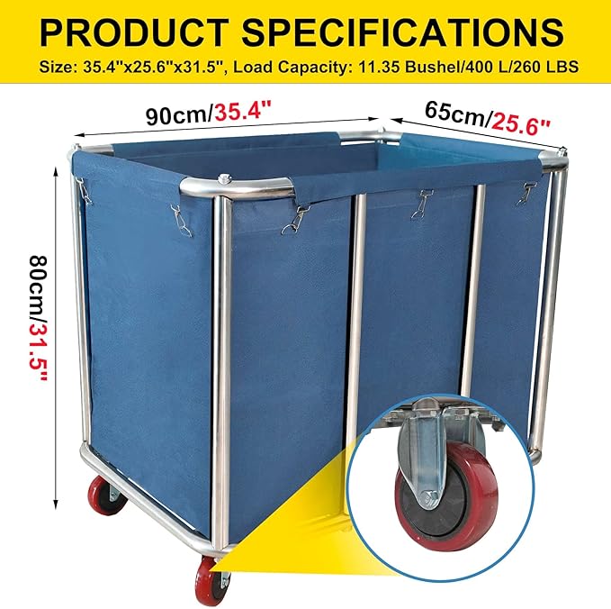 Commercial Laundry Cart with Wheels,11.35 Bushel Large Laundry Cart,Heavy Duty Stainless Steel Commercial Laundry Hampers Laundry Basket with Waterproof Lining,260 Lbs Load