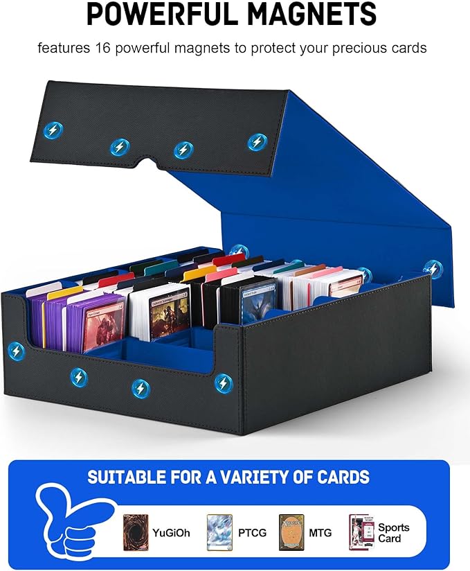 ZLCA Card Storage Box for MTG PTCG, Commander Deck Box Holds 3200+ Cards, Trading Card Storage Case with 4 Stoppers, Card Organizer for TCG Sport Cards(Black&Blue)