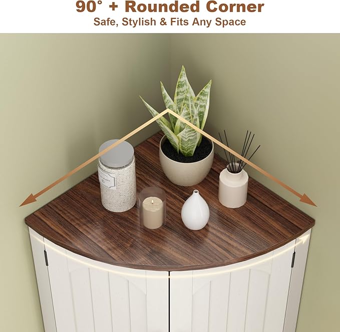 Tall Corner Cabinet, 64.7" Corner Storage Cabinet with 4 Doors and 5 Storage Shelves, Farmhouse Space Saver with Arched Door Design for Living Room, Kitchen, Bathroom, Office