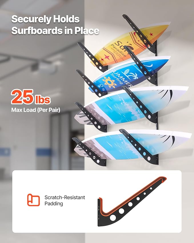 VEVOR Surfboard Wall Mount, 4 Tiers Horizontal Surfboard Rack for Storage and Display, Adjustable Height Metal Board Stand Organizer, Surf Board Holder for Snowboards, Kiteboards, Shortboard, Skis