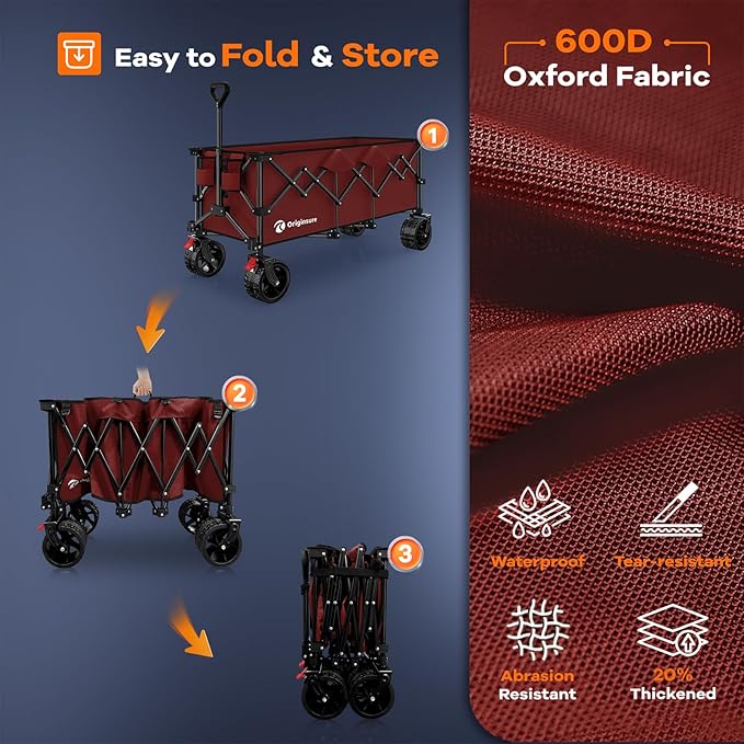 48" L Collapsible Beach Wagon Cart Foldable, 560lbs Weight Capacity 300L Heavy Duty Folding Wagons with Big All-Terrain Wheels, Utility Carts for Groceries, Shopping, Camping, Sports - Red