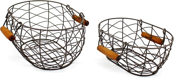 CVHOMEDECO. Oval Wire Egg Baskets Rustic Fruit Baskets with Wooden Handles Primitives Vintage Gathering Basket. Rusty, Set of 2