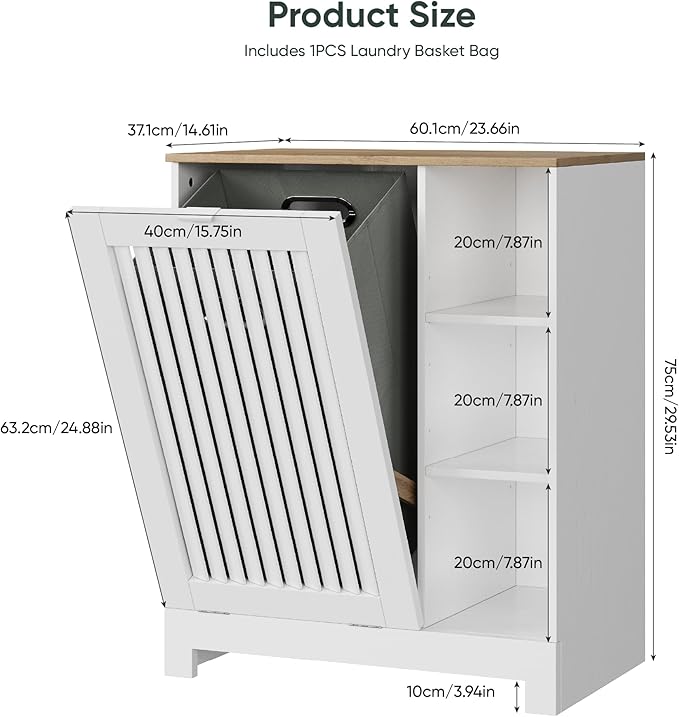 Tilt Out Laundry Hamper Cabinet with Louvered Door, Canvas Basket and 3 Open Side Shelves, Hidden Trash Can Cabinet, Ideal for Laundry, Kitchen, Bathroom, White