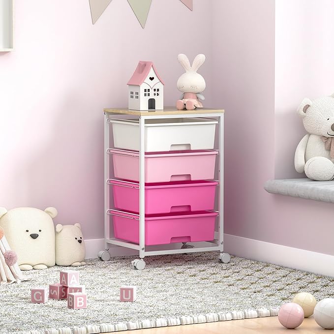 Utility-Rolling-Craft-Storage-Cart-Organizer with 4 Drawers and Wooden Tabletop, 4 Tier Drawer Cart for Home Office, Kid Room, Classroom Teacher, Dorm, Pink