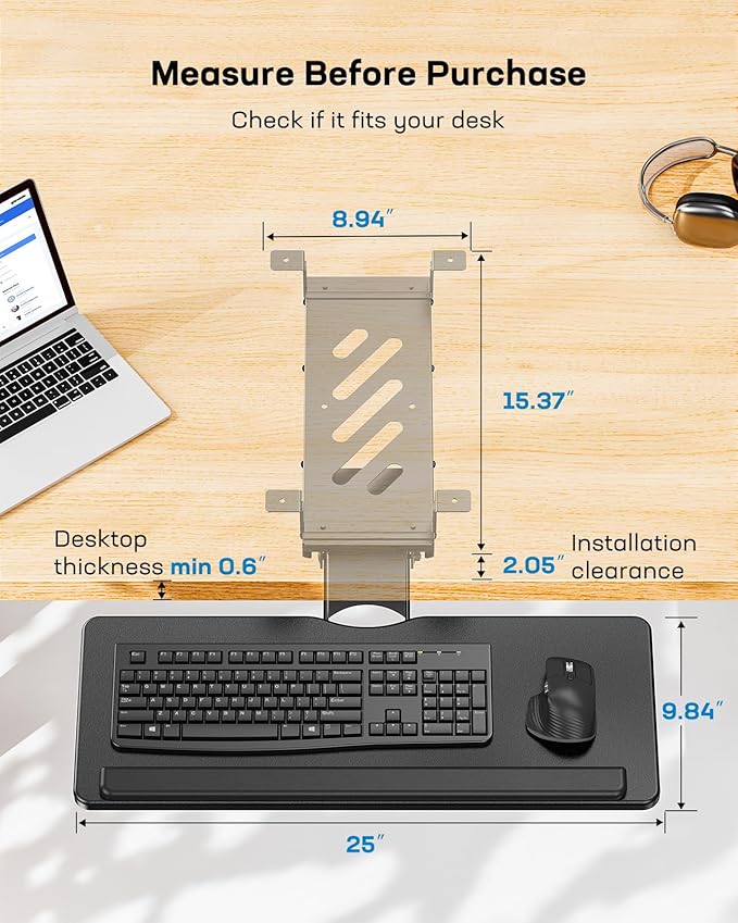 HUANUO Keyboard Tray Under Desk, Adjustable Ergonomic Keyboard & Mouse Tray, Flat Bottom Or Cross Beam Installation, Smooth Sliding Keyboard Holder for Typing in Home Office, Easy Setup, 25″W x 9.84″D