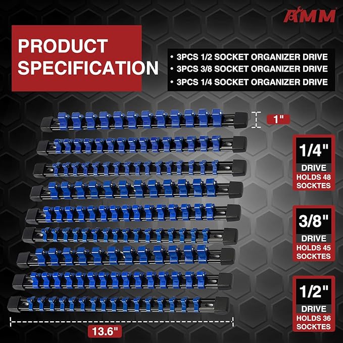 AMM 9-Piece Socket Organizer, 1/2 inch, 3/8 inch and 1/4 inch Drive ABS Tools-Blue Socket Holder,Heavy Duty Socket Racks, Premium Quality Socket Clip Rail Holder,The best tool trays in the garage