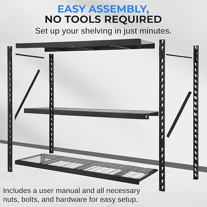 SereneLife Heavy Duty 3-Tier Metal Garage Shelving | 24" x 77" x 72" Extra Wide Adjustable Storage Utility | Freestanding Bulk Storage Rack | Open Wire Mesh Design | 2000 lbs. Capacity