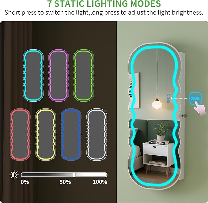 HNEBC LED Mirror Jewelry Cabinet with RGB Lights,42.5" Wall Mounted Jewelry Organizer with Full-Length Mirror,Over The Door Hanging Jewelry Armoire Storage Cabinet,Lockable,Wide Wavy Mirror