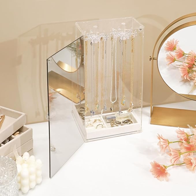 Acrylic Jewelry Organizer with Mirror - 24 Rotating Hooks, Velvet Tray for Necklaces, Rings & Earrings - Clear Necklace Holder Organizer, Rotating Jewelry Box, Elegant Necklace Jewelry Box for Women