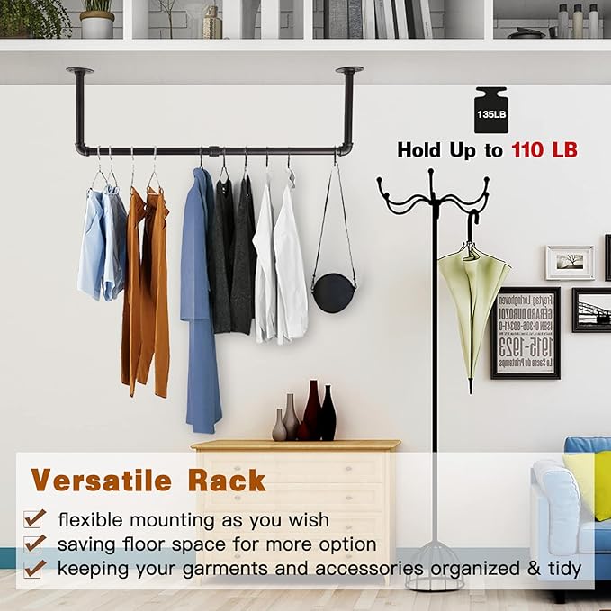 Wall Mounted Clothes Rack - 54"Industrial Pipe Clothing Garment Rack, Space - Saving Heavy Duty Detachable Black Iron Clothes Hanger Pole, Multi-Purpose Hanging Rod for Closet Storage, 2 Base
