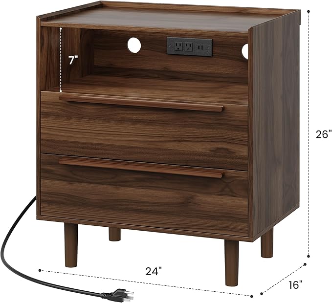 Mid-Century Modern Nightstands Set of 2 with Charging Station, 26" Tall Wood Bedside Tables with Tray Top, USB & Type-C Ports, 2 Drawers and Open Shelf for Bedroom or Living Room, Walnut