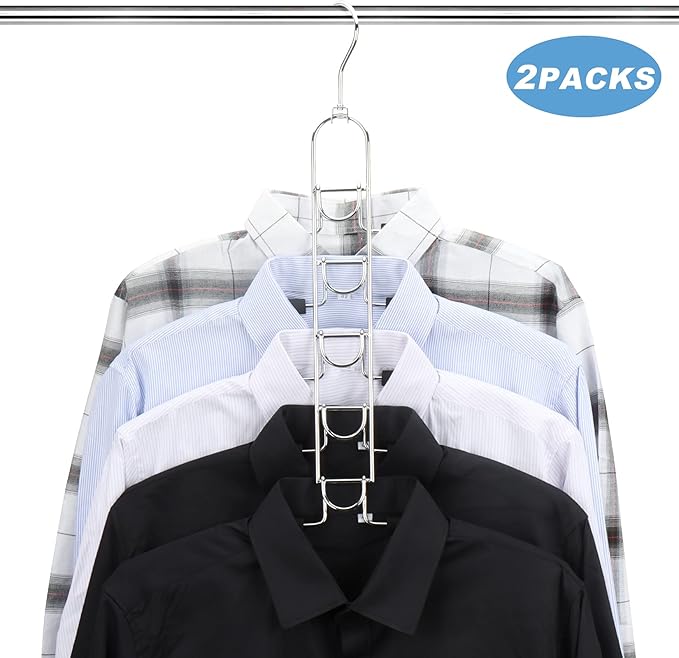 Space Saving Clothes Hangers, Multilayer Metal Hanger 2 Pack 5 in 1 Space Saver Coat Hangers, Anti-Slip Foam Padded Shirt Suit Hanger for Closet Storage Organizer