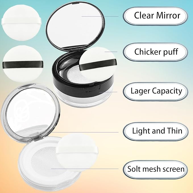 6PCS Loose Powder Container with Mirror and Strainer Empty Powder Loose Powder Reusable Plastic Compact Case with Mirror and Elasticated Net Sifter and Their Matching 4 Powders