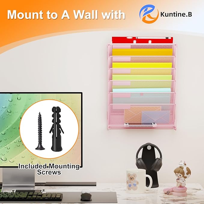 Kuntine.B Wall File Organizer Hanging Magazine Holder (Pink, 7 Tier 2 Pack)