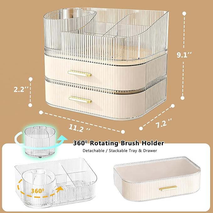 Makeup Organizer for Vanity with Stackable Drawers, 360 Rotating Makeup Brush Holder Large Cosmetic Display Case for Dresser, Bathroom Countertop Skincare Organizers and Storage (3-layer)
