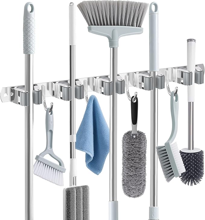 Broom Holder Wall Mount, Broom Organizer Wall Mount Stainless Steel Broom and Mop Hanger Heavy Duty Storage Organization for Home Kitchen Garden Garage Room 5 Racks 4 Hooks