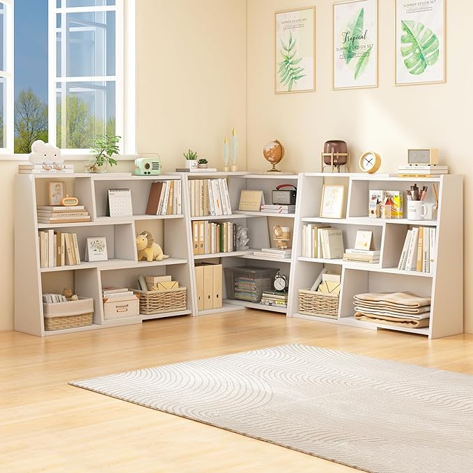 IOTXY Wooden Extendable Shelf Bookcase - 3-Tier Ladder Low Short Bookshelf for Small Space or Corner, Oak, L
