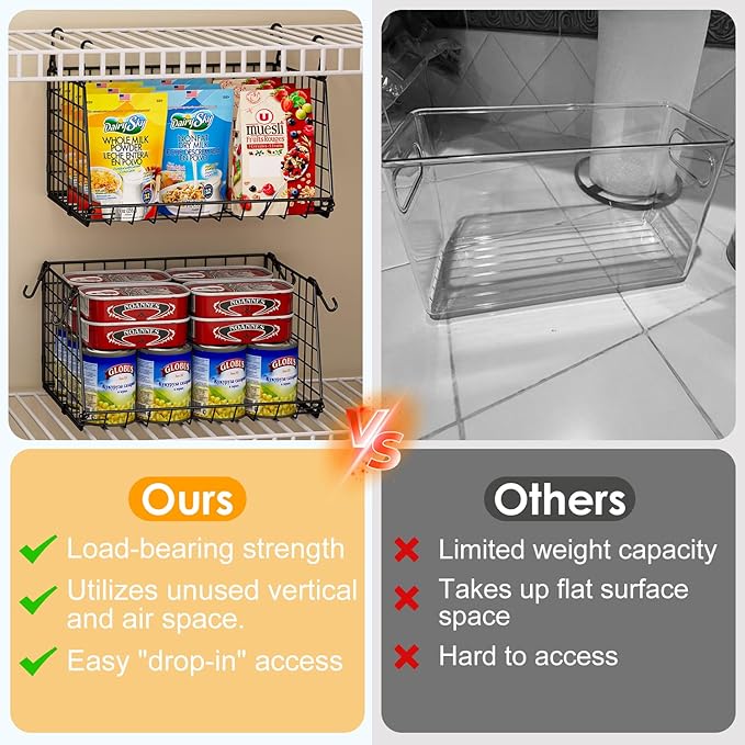 3-Pack Under Shelf Hanging Baskets - Space Saving Pantry Shelf Organizer with 360° Rotating Hooks for Kitchen Storage, Foldable Small Space Solutions for Pantry Organization, Black
