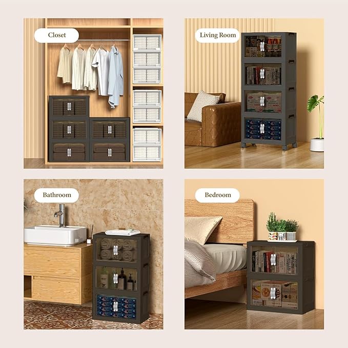 Stackable Storage Bins, Collapsible Plastic Container Bins with Lid & Wheel, Closet Organizer Foldable Cabinet with Door, Folding Storage Boxes for Home, Pantry, Office (M, Gray 5-Tier)